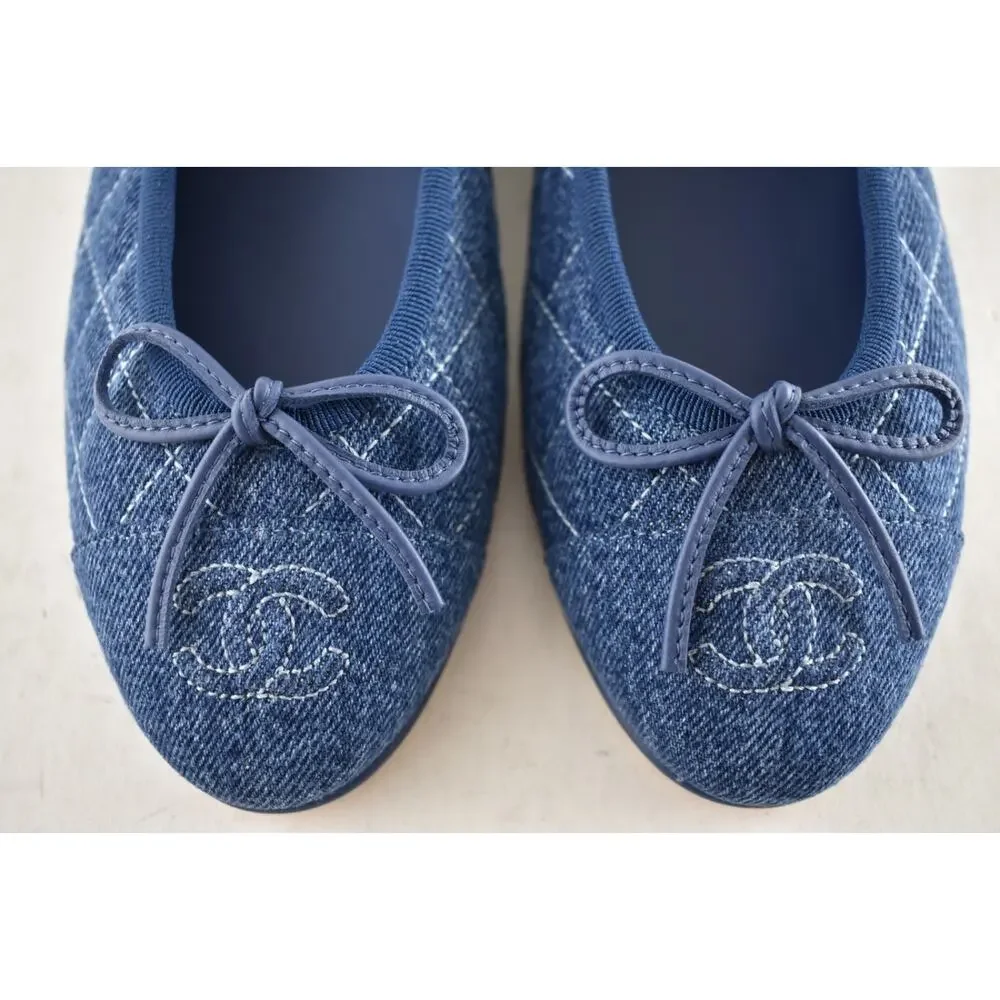 Chanel 26P Washed Denim Blue Quilted CC Logo Bow Tie Ballet Ballerina Flat 38 - Picture 11 of 16